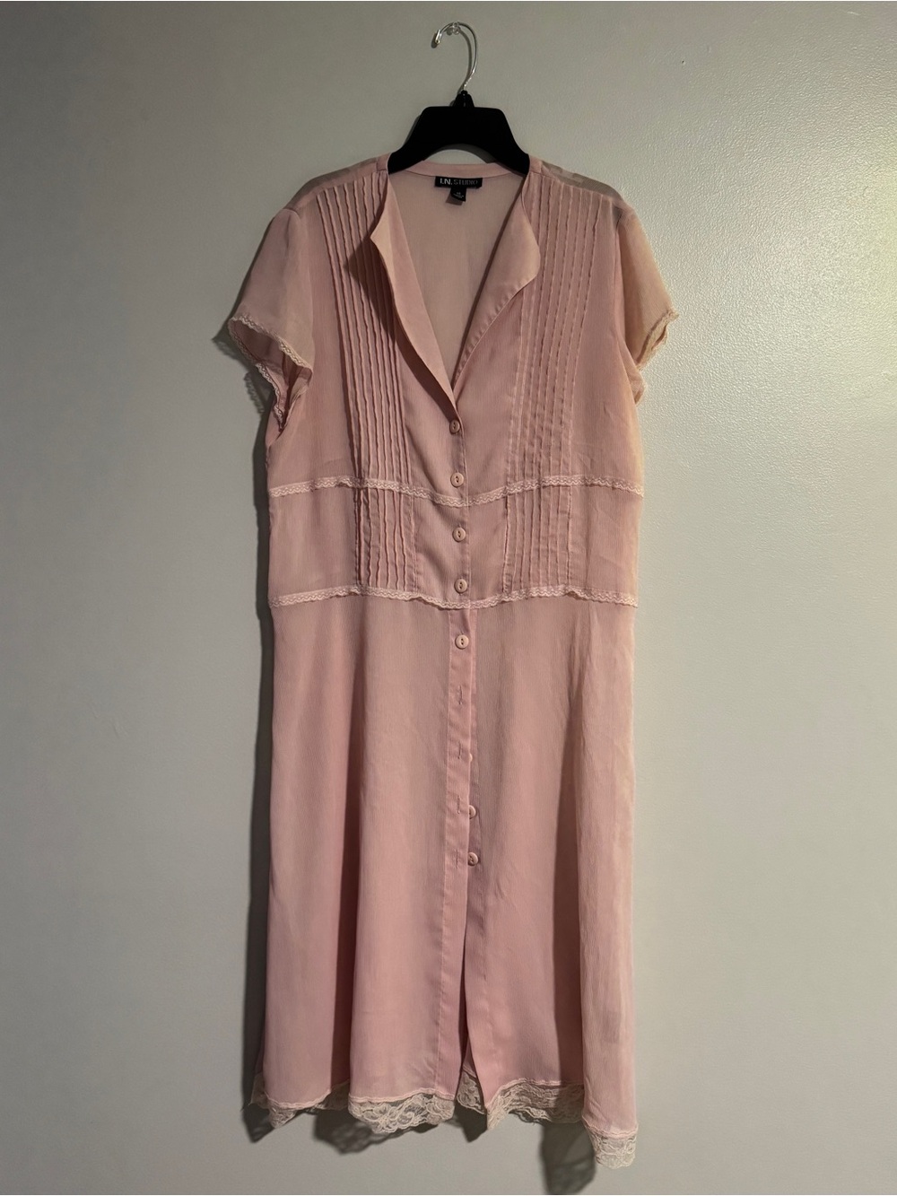 I.N. STUDIO Blush Pink, Button-Front Midi Dress with Lace (Size 14)